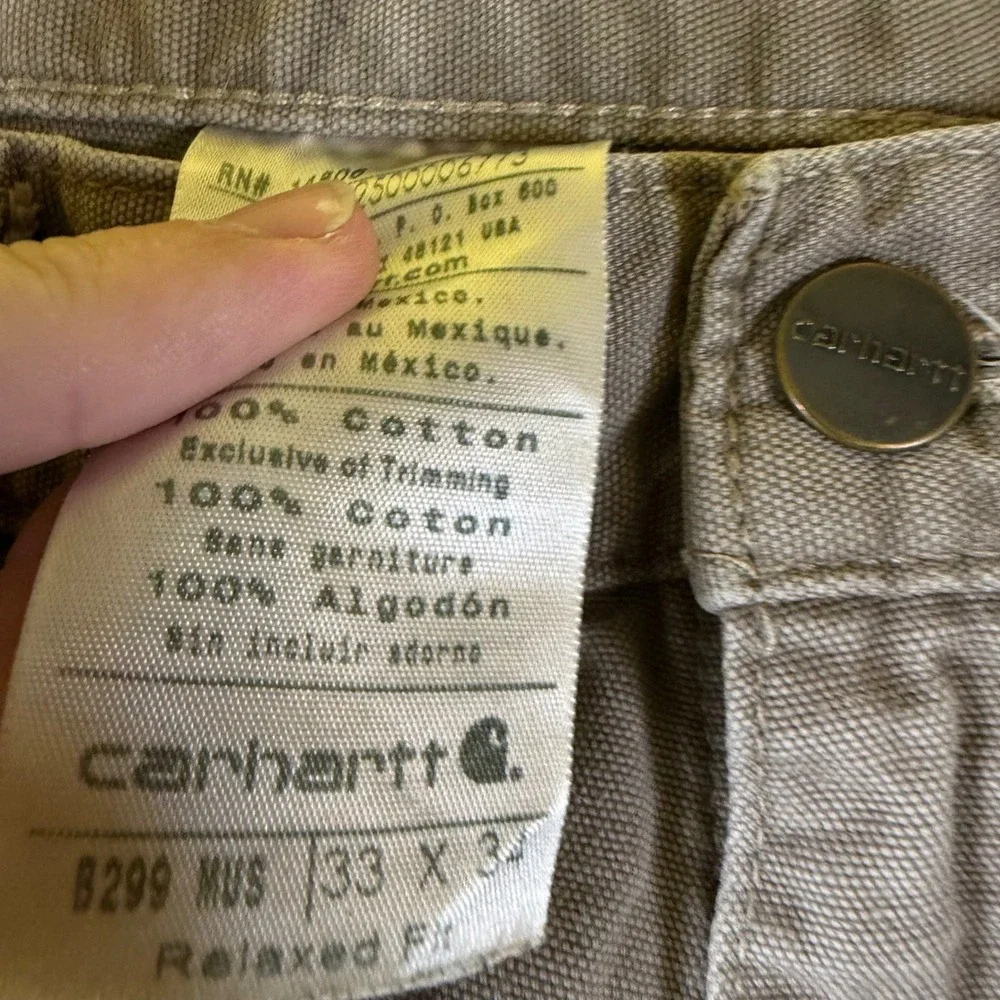 Carhartt B299 MUS Relaxed Fit Canvas Carpenter Work Pants Mushroom 33x34 Distres